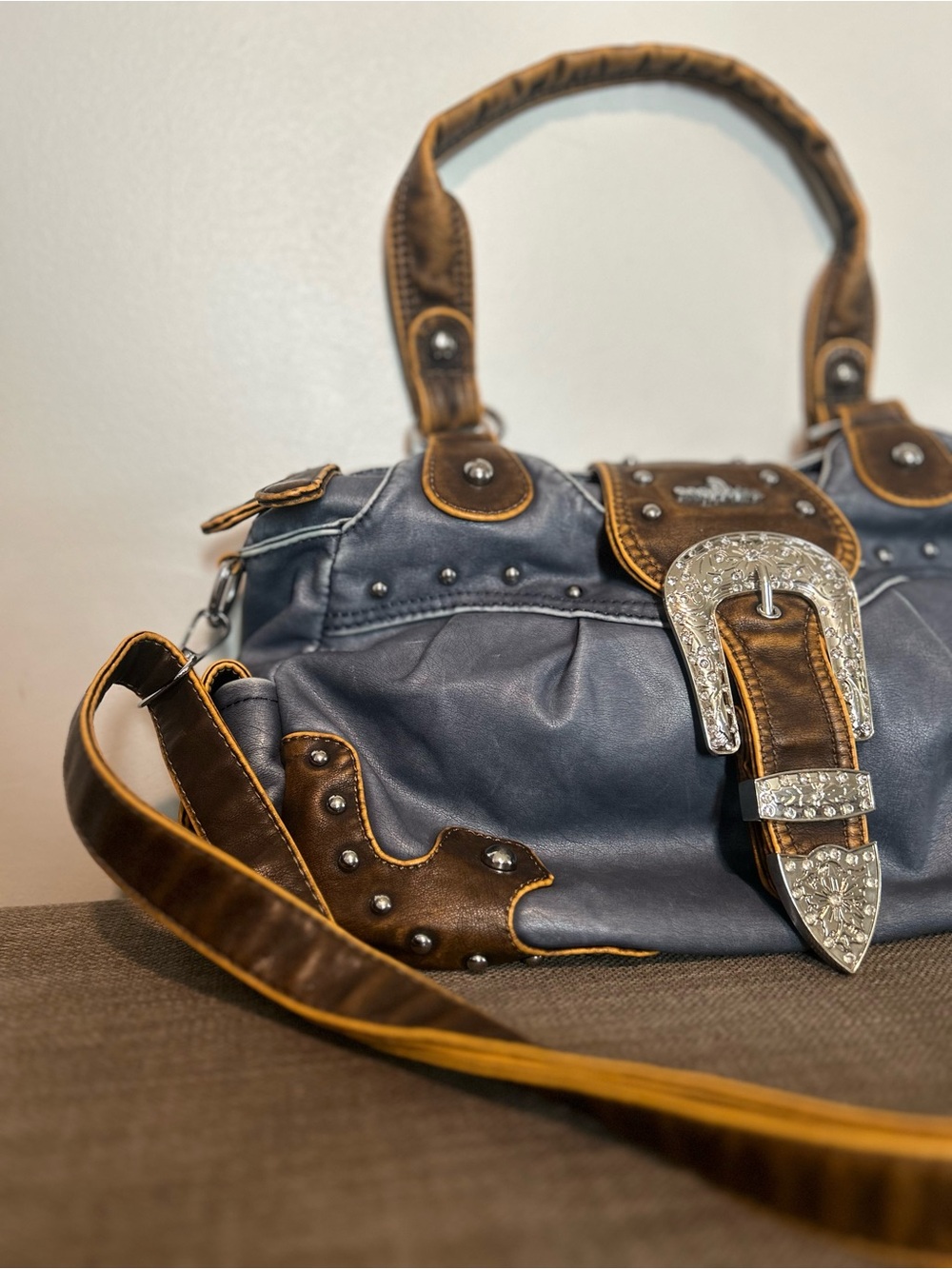 Angel Kiss Two-Tone Buckle Satchel - Navy and Brown - Picture 2 of 10